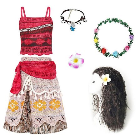 5 stk. Moana Cosplay Kostyme Antrekk Todelt Skjørtsett med Ermeløs Kjole for Jenter - Perfekt