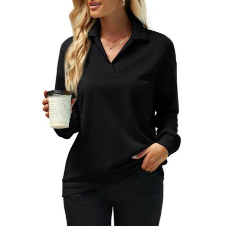 Dam Långärmad Lapel Collar V-hals T-shirt Enfärgade Toppar