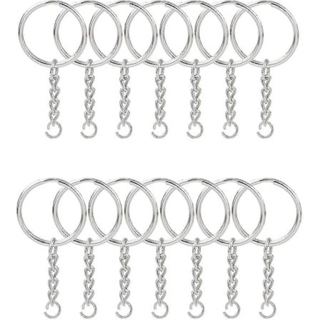 100 stk. nøgleringe med kæde 25 mm og åbne ringe, nøglering med kæde sølvfarvet metal A-ZZY