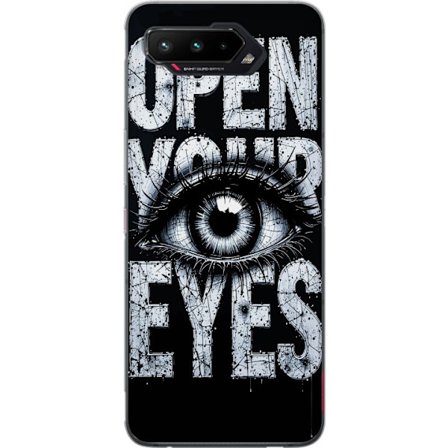 Yhteensopiva Puhelinkuori Asus Asus ROG Phone 5 Tumma tyypillinen kuvaus silmällä ja teksti Open Your Eyes, vahva kontrasti ja raaka taiteellinen ka