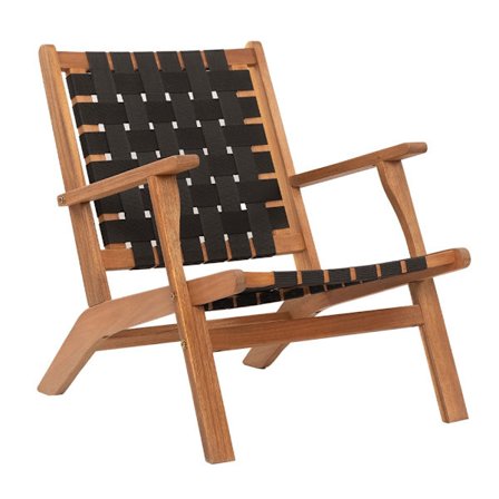 Sort lænestol, nylonstropper, stel af akacietræ