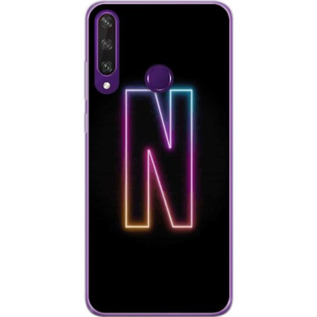 Kompatibelt Mobilskal till Huawei Huawei Y6p Minimalistisk neonbokstav N i färgskiftande ljus mot svart bakgrund