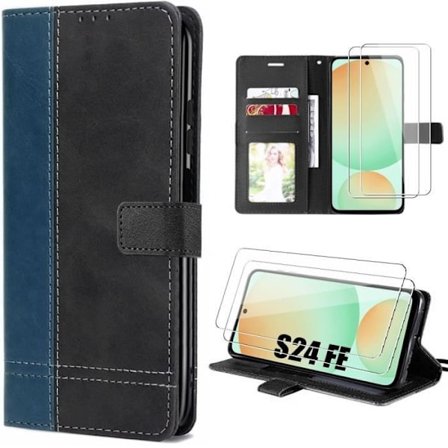 Flipfodral för Samsung Galaxy S24 FE (ej för S24) Marinblå tvåfärgad lädereffekt + 2 härdade glasögon