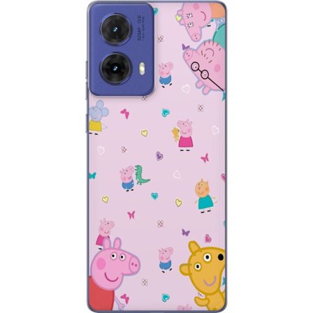 Kompatibel Mobilcover til Motorola Moto G85 Peppa Gris med en baby i armene, morgris motiv i farverig og blød børneillustration med hjerter