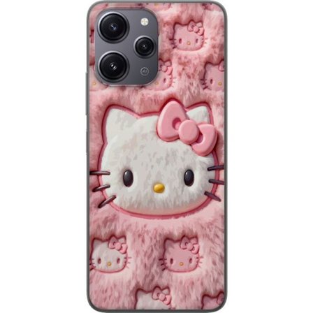 Kompatibelt Mobildeksel til Xiaomi Redmi 12 Hello Kitty rosa fluffy bakgrunn med ikoniskt ansikt og kawaii-estetikk