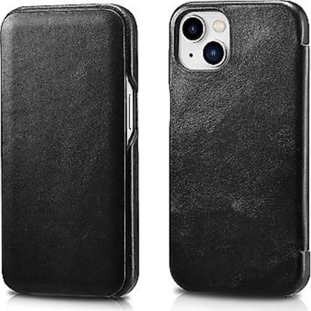 Läderfodral Kompatibelt med iPhone 13 mini - Vintage Stil Äkta Läder Flip Folio Design Cover - Inbyggd Magnetisk Stängning - svart