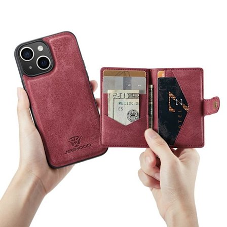 iPhone 15- Läderplånboksfodral med magnetiskt hållare