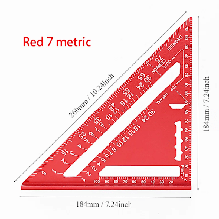 Aluminium Triangel Lineal Træbearbejdning Tømrer Måling Målning Værktøjer Præcision Markør Vinkel Lineal Metrisk og Tommer Måler 7 Metric Red