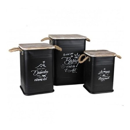 3 kappaleen metallilaatikkosetti "Loft&Metal" - Musta - L 34 x P 34 x H 47 cm