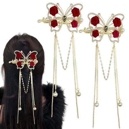2 kpl Elegantti Tassel Butterfly Rose Pearl Hiustappi, Antiikki Sivuklipsi Liikuttaa Perhosklipsejä Muodikkaita Hiustappeja Koristeellisia