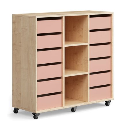 Student storage CASPER, 12 drawers, 3 compartments, birch, dark pink