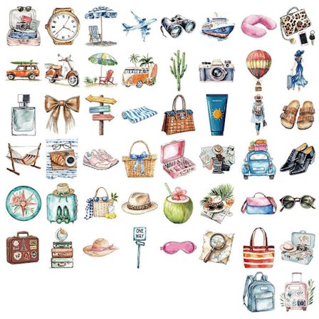 Let påførbare aftagelige tegneserieklistermærker 50 STK Akvarel Rejsedesign Kompatibel med telefoncover Guitardekoration PET-materiale