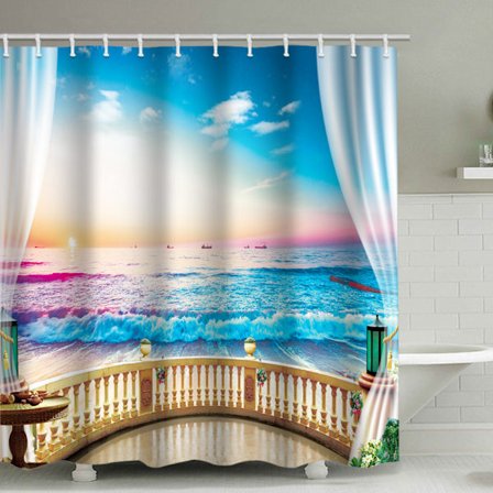 Duschdraperi med havsvågor utanför fönstret, med 12 plastkrokar