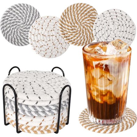 8 stk Runde Brikker Med Holder - Runde Håndlagde Vevde Brikker - 11cm - Forhindrer Vannmerker, Varmeskader Og Riper - For Drikker, Bar, Kjøkken