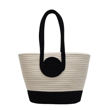 Sort og hvit fargeblokkert vevd tote bag, enkel og frisk stil, rund dekorativ håndveske