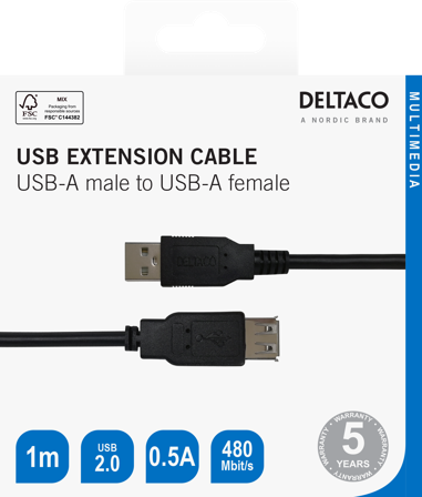 Deltaco USB extension cable, USB-A male - USB-A female, 1m black