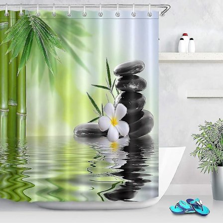 Bruseforhæng skimmelbestandigt Zen Spa grønne bambussten badeforhæng sort orkidéblomst hvidt vandtæt polyesterstof badeværelsesforhæng med 10 stk.