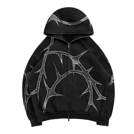 Y2k Goth Lynlås Rhinestone Hættetrøje Langærmet Harajuku Sweatshirt Æstetisk Casual Oversized Hættetrøje Top Streetwear Sort XXL