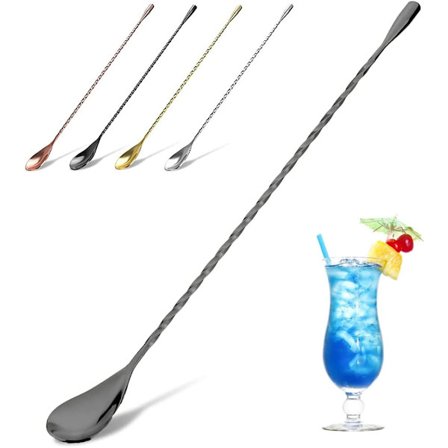 Cocktail-lusikka, ruostumaton teräs, baariteelusikka, pitkävarti, cocktail-shaker, spiraalimalli, erinomainen juomien sekoittamiseen ja kerrostamiseen