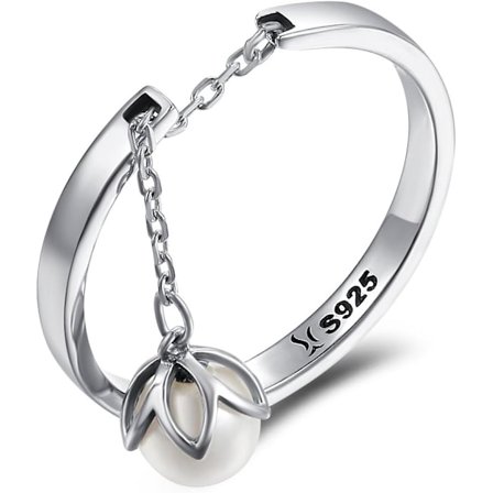 Silver Dangle Freshwater Cultured Pearl Flower Open Statement Ring Adjustable Tassel Band Dangling Charm Ball Engagement