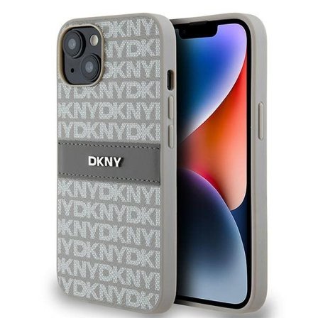 DKNY läderfodral med monostripe och metallogo för iPhone 15 / 14 / 13 - beige