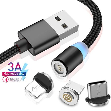 3-i-1 magnetisk laddningskabel, magnet USB-kabel, magnetisk datakabel, laddningskabel med snabbladdning kompatibel med Micro USB Type-c surfplattor 