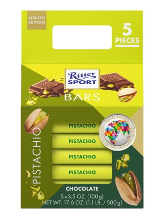 Ritter Sport Pistachio Tower milk chocolate bar with roasted and salted pistachio pieces 0.5kg
