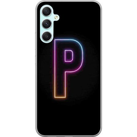 Kompatibel Mobilcover til Samsung Samsung Galaxy A34 Minimalistisk neonbogstav P i farvegradient og lyseffekt mod sort baggrund i digital neonstil