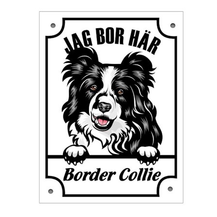 Plåtskylt Jag bo här Border Collie Kikande hund skylt svart