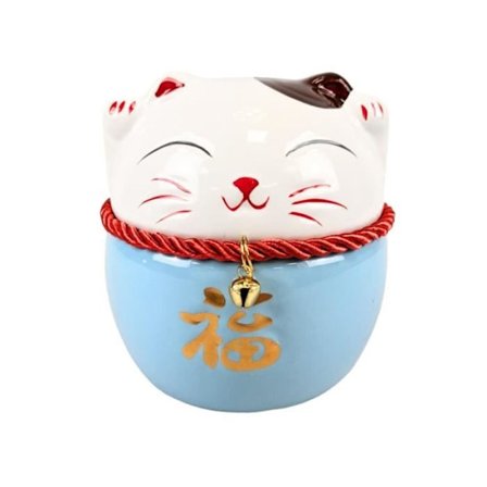 (Blå og Hvid) Sparebøsse - Maneki Neko - Porcelæn - Blå og Hvid - 10 cm - Moderne Design
