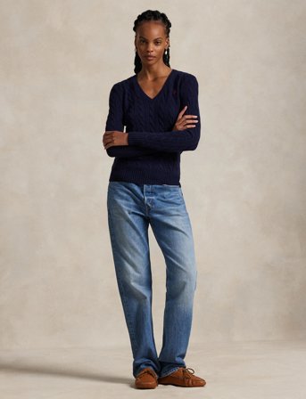 Polo Ralph Lauren Cable-Knit Wool-Cashmere V-Neck Sweater - Navy - L