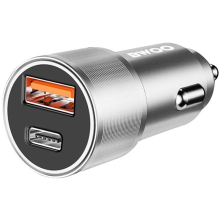 Lighterlader 38W USB-C + USB Hurtigopladning med LED Kompakt Bwoo Sølv