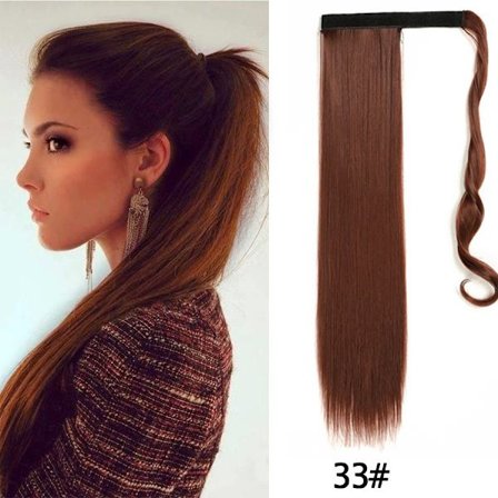 22" syntetiska hästsvansförlängningar linda runt lång rak falsk hästsvans Mjuk klämma i hårförlängningar Pony Tail falskt hår