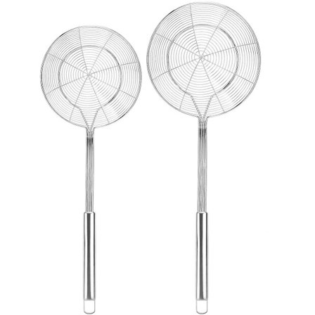 2-pakning stor edderkoppnett sil, separator kurv i rustfritt stål, kjøkkenskje, sil, netting skje med langt håndtak, for steking, koking av nudler, 