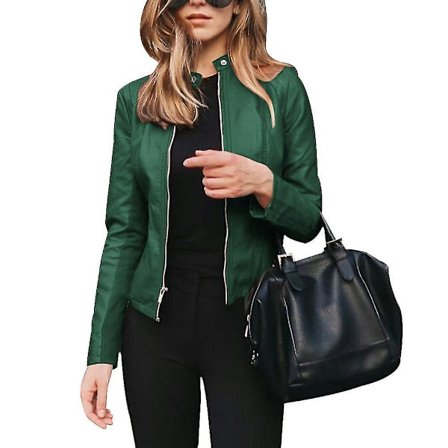 Dame PU Skinn Blazer Jakker Glidelåser Ståkrage Kontor Mote Kåpe Yttertøy