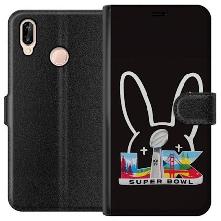 Kompatibel Tegnebogsetui til Huawei P20 lite Bad Bunny portræt med åben skjorte, tatoveringer og krøllet hår i stilfuld modefotografering