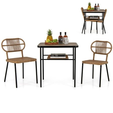 COSTWAY Ensemble 3 PCS Trädgårdsbord och 2 Stolar i Rottning, Stapelbara Stolar i Olika Storlekar, för Inomhus och Utomhus