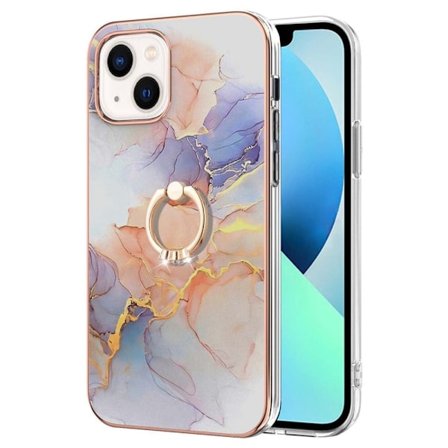 Marble Patterned Suojakuori With Ring Holder For iPhone 14 - Milky Way Marble White