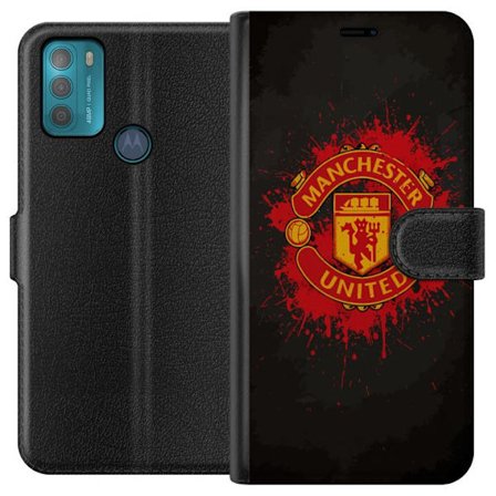Kompatibelt Lommeboketui til Motorola Motorola Moto G50 Manchester United logo i rød og gul farge med røff sportslig bakgrunn