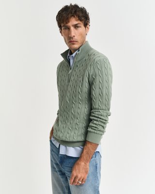 GANT - Kabelstrikket genser med half-zip til herre kalamata green