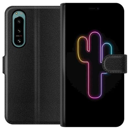 Kompatibelt Plånboksfodral till Sony Sony Xperia 5 IV Neonillustration av kaktus i rosa och blått ljus mot mörk bakgrund