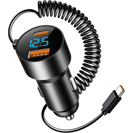 Biloplader USB-C - Bil hurtigopladningsadapter, 100W oplader, udtrækkelig strømledning, velegnet til smartphones og tablets.