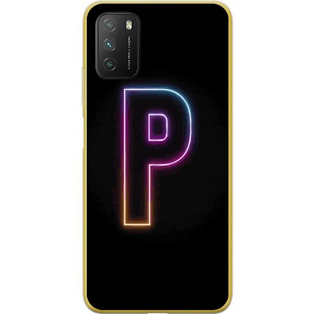 Kompatibel Mobilcover til Xiaomi Xiaomi Poco M3 Minimalistisk neonbogstav P i farvegradient og lyseffekt mod sort baggrund i digital neonstil