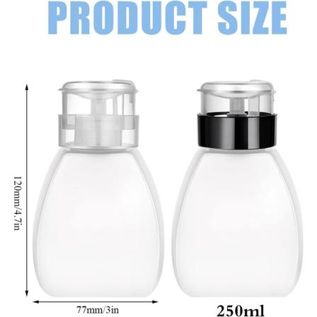 2 kpl 250 ml tyhjiä pumppupulloja, meikinpoistoaineen pumppupullo, kynsilakanpoistoaineen annostelija, painettava puhdistusaineen poistopullo, 