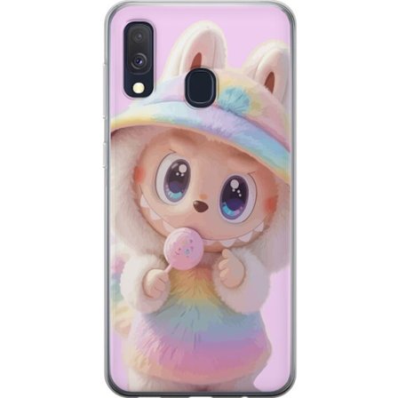 Yhteensopiva Puhelinkuori Samsung Galaxy A40 Kawaii sateenkaarikarakteri, jolla on suuret kimaltelevat silmät, pastellinvärinen höyhenpeiton näköinen