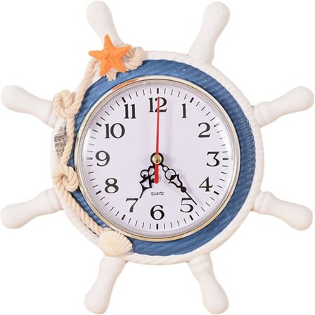 Udendørs ure til terrasse, 4 tommer middelhavsstil nautisk træskibshjul hængende dekoration stort lydløst vægur strand havstema, hvid