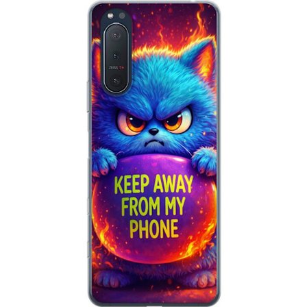 Yhteensopiva Puhelinkuori Sony Sony Xperia 5 II Vihainen pörröinen sininen kissa, jossa teksti "Pidä loitolla puhelimestani" neonväreillä ja tuli
