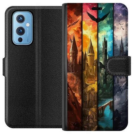 Kompatibel Tegnebogsetui til OnePlus OnePlus 9 Fire magiske slotte i forskellige elementfarver, episk fantasykunst med ild vand luft og mørke i detal