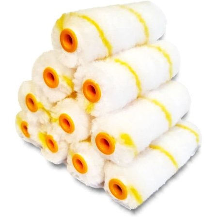 Förpackning med 10 Mini Rollerhylsor med Randiga Kaninfötter i Gult | Polyamid 10 cm | Färg för golvlister, element, släta eller halvsläta ytor