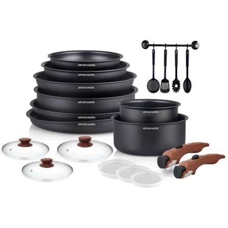 Kokkärl - Alla brännare inklusive induktion - Arthur Martin - AM0530 - Aluminium - Non-stick - 20 stycken - Avtagbart handtag